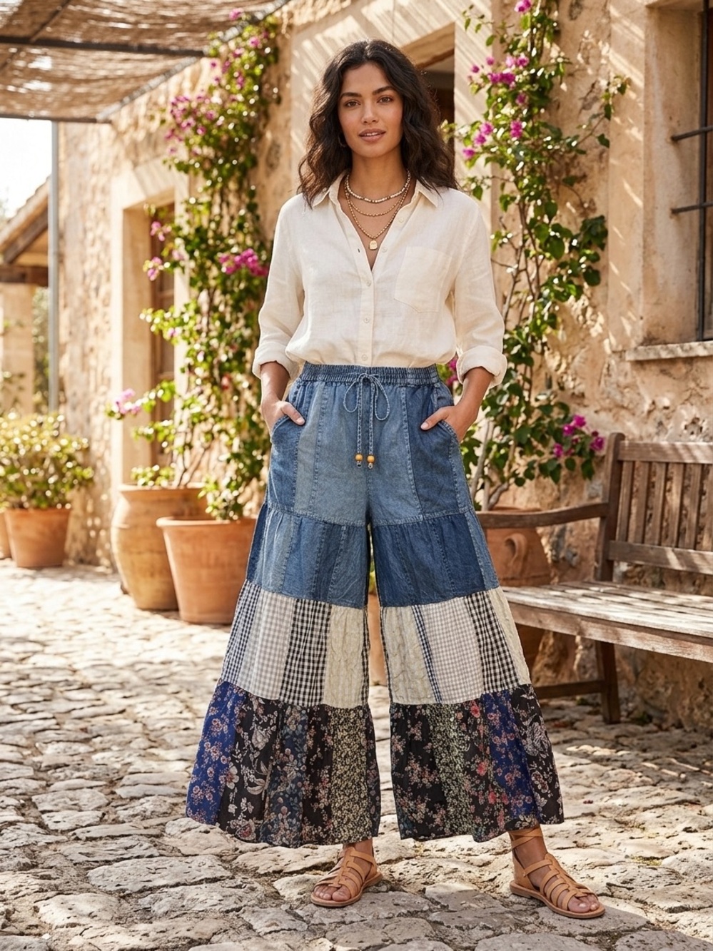 Boho Patchwork Wide-Leg Pants in Denim & Mixed Prints